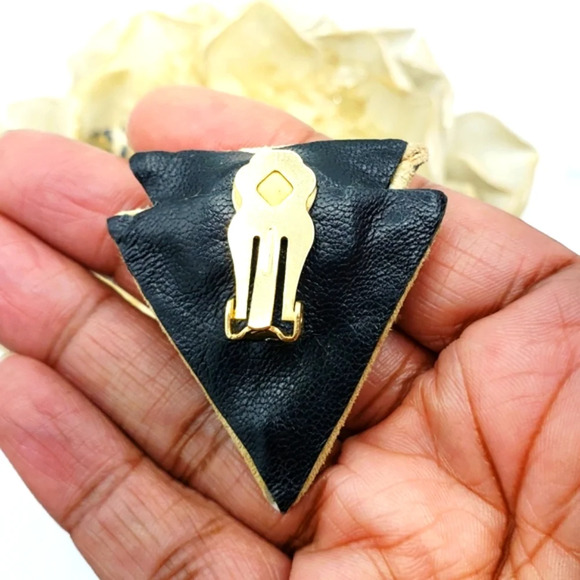 Vintage Suede Clip On Earrings • Animal Print Tan w/ Black - Picture 4 of 4